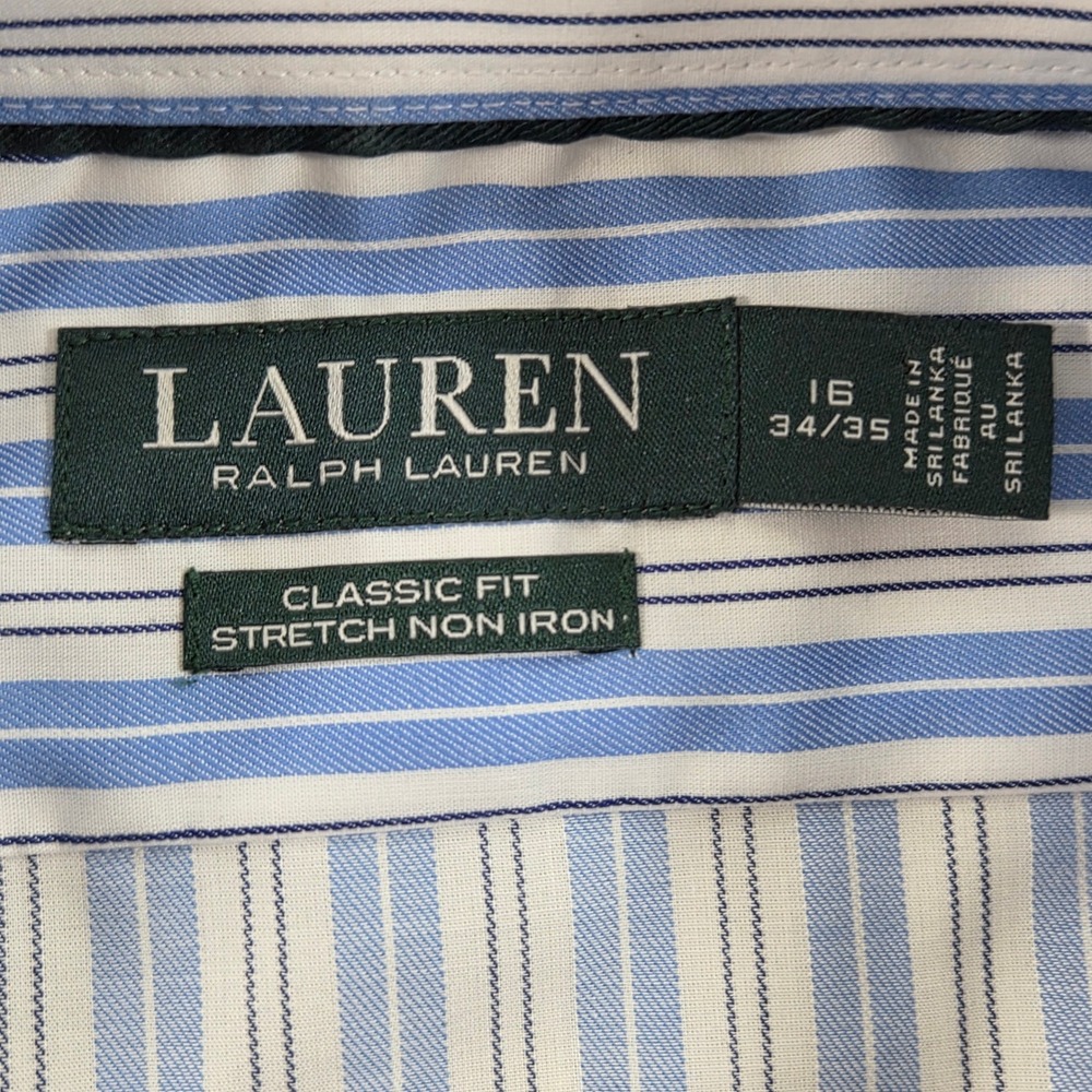 Lauren Ralph Lauren Mens Classic Fit Stretch Non Iron Blue Stripe Dress Shirt 16 - Picture 4 of 7